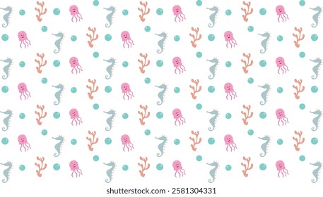 Coral, jellyfish and seahorse seamless pattern. under the sea or aqua sea theme. For background, wallpaper, print, packaging and other purpose.