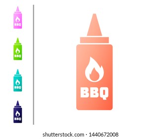 Coral Ketchup bottle icon isolated on white background. Fire flame icon. Barbecue and BBQ grill symbol. Set color icons. Vector Illustration