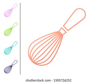 Coral Kitchen whisk icon isolated on white background. Cooking utensil, egg beater. Cutlery sign. Food mix symbol. Set color icons. Vector Illustration