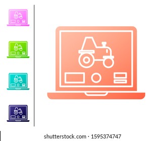 Coral Laptop application for control a autonomous tractor on a smart farm icon isolated on white background. Smart agriculture implement. Set color icons. Vector Illustration