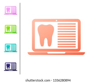 Coral Laptop with dental card or patient medical records icon isolated on white background. Dental insurance. Dental clinic report. Set icon in color buttons. Vector Illustration