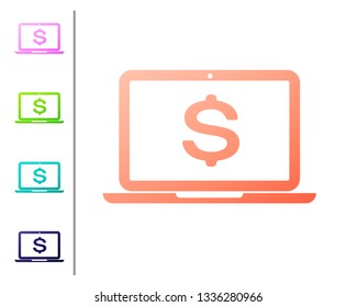 Coral Laptop with dollar symbol icon isolated on white background. Online shopping concept. Economy concept. Set icon in color buttons. Vector Illustration