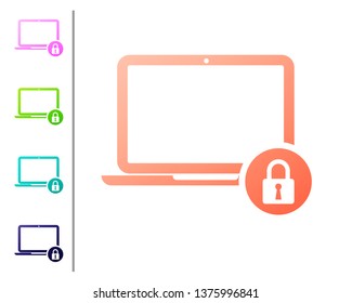 Coral Laptop and lock icon isolated on white background. Computer and padlock. Security, safety, protection concept. Safe internetwork. Set color icons. Vector Illustration