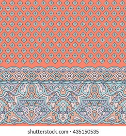 coral and light blue ethnic seamless paisley pattern