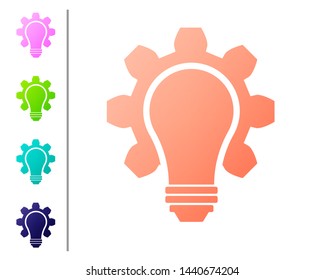 Coral Light bulb and gear icon isolated on white background. Innovation concept. Business idea. Set color icons. Vector Illustration