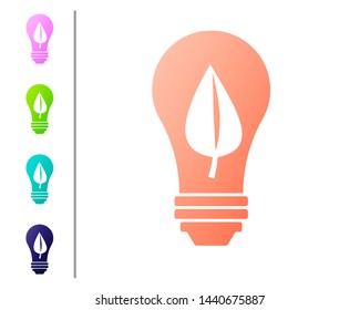 Coral Light bulb with leaf icon isolated on white background. Eco energy concept. Alternative energy concept. Set color icons. Vector Illustration