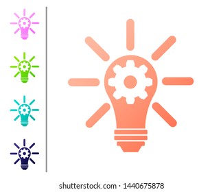 Coral Light bulb with rays shine and gear inside icon isolated on white background. Innovation concept. Set color icons. Vector Illustration