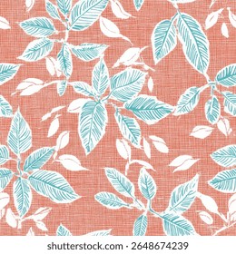 Coral linen fabric with a light teal leaf pattern on linen fabric print pattern, cotton, silk, vector illustration, doodle summer, kids and baby designs for print fabric.