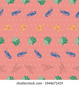 Coral lobsters sealife seamless vector repeat pattern 
