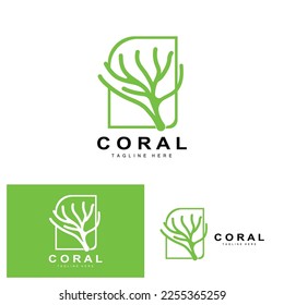 Coral Logo, Sea Plants Place Marine Animals, Ocean Vector, Seaweed Icons