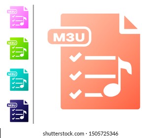 Coral M3U file document. Download m3u button icon isolated on white background. M3U file symbol. Set color icons. Vector Illustration