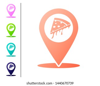 Coral Map pointer with fast food slice pizza icon isolated on white background. Pizzeria location icon. Pizza cafe and restaurant marker. Set color icons. Vector Illustration