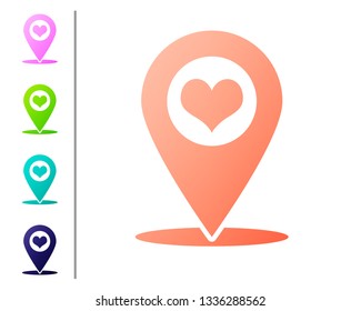 Coral Map pointer with heart icon isolated on white background. Set icon in color buttons. Vector Illustration