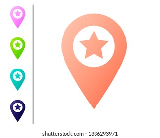 Coral Map pointer with star icon isolated on white background. Star favorite pin map icon. Map markers. Set icon in color buttons. Vector Illustration