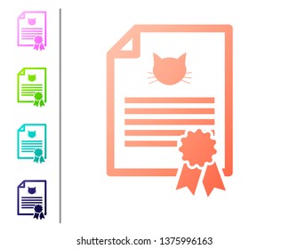 Coral Medical certificate for travel with dog or cat icon isolated on white background. Document for pet. Dog or cat paw print. Set color icons. Vector Illustration