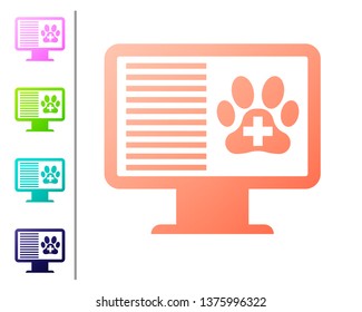 Coral Medical clinical record pet on monitor icon isolated on white background. Health insurance form. Prescription, medical check marks report. Set color icons. Vector Illustration