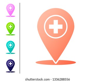 Coral Medical map pointer with cross hospital icon isolated on white background. Set icon in color buttons. Vector Illustration