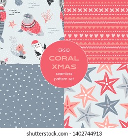 Coral Merry Christmas concept seamless vector pattern set in decorative Scandinavian style. Mermaid in jacquard pullover Walrus in sweater Seal in Santa hat Seaweed Coral Starfish