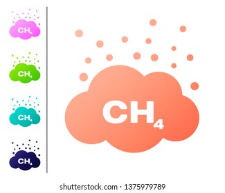 Coral Methane emissions reduction icon isolated on white background. CH4 molecule model and chemical formula. Marsh gas. Natural gas. Set color icons. Vector Illustration