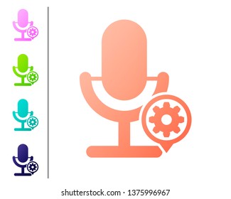 Coral Microphone and gear icon isolated on white background. Adjusting app, service concept, setting options, maintenance, repair, fixing. Set color icons. Vector Illustration