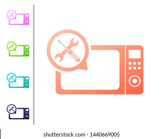 Coral Microwave oven with screwdriver and wrench icon isolated on white background. Adjusting, service, setting, maintenance, repair, fixing. Set color icons. Vector Illustration