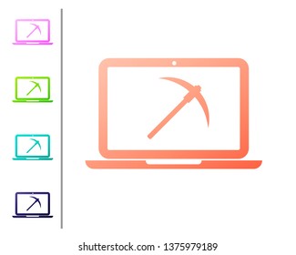 Coral Mining concept with laptop and pickaxe icon isolated on white background. Blockchain technology, cryptocurrency mining, digital money market. Set color icons. Vector Illustration