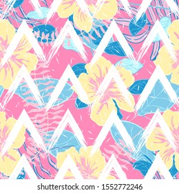Coral Monstera Leaves Vector Seamless Pattern. Maroon Trendy Banana Illustration Hawaiian Design. Coffee Tree Vintage Backdrop. Coral Hibiscus Flower Leaf Background