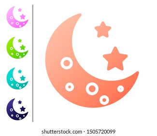 Coral Moon and stars icon isolated on white background. Set color icons. Vector Illustration