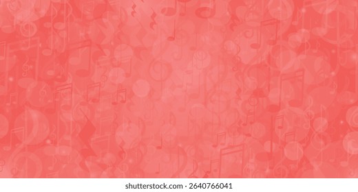 Coral music background. Artistic non-seamless pattern with musical notes and soft bokeh circles for music events, cards, certificates 