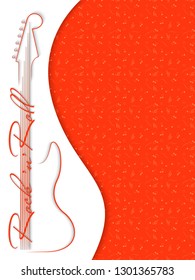 Coral music background. Guitar and inscription rock'n'roll. The color of the year 2019. Invitation to party, disco, music banner, wallpaper. 3D vector illustration. Paper cut out style. 