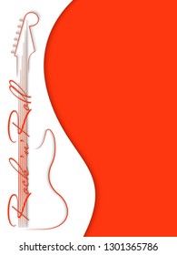 Coral music background. Guitar and inscription rock'n'roll on coral background. Invitation to party, disco, music banner, flyer, cover, wallpaper. 3D vector illustration. Paper cut out style. 