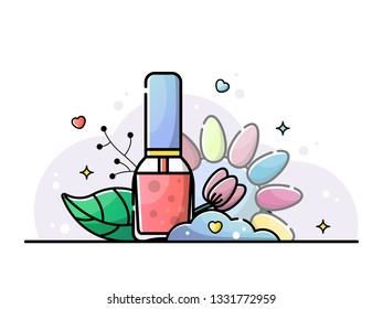 Coral nail polish. Nail salon and manicure tools. Vector flat illustration in linear style with botanical elements.