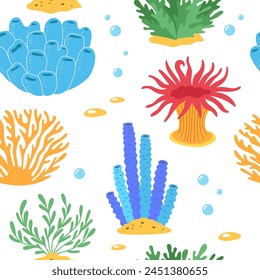 Korallen- und Ozeanpflanzen nahtlose Muster. Unterwasserflora und -algen. Wasserpflanze, tropische Meeresboden Elemente Vektorgrafik Hintergrund für Textilien, Verpackungen.