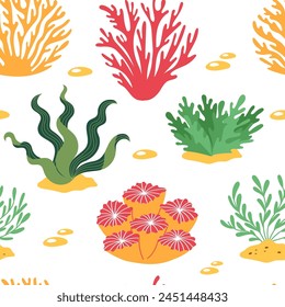 Coral and ocean plants seamless pattern. Underwater flora and seaweed. Aquatic plant, tropical seabed elements vector background for textile, packaging.