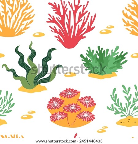 Coral and ocean plants seamless pattern. Underwater flora and seaweed. Aquatic plant, tropical seabed elements vector background for textile, packaging.