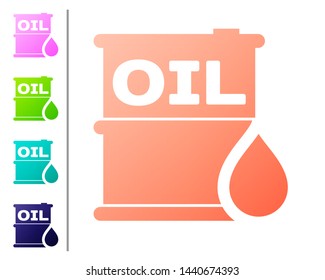 Coral Oil barrel icon isolated on white background. Oil drum container. For infographics, fuel, industry, power, ecology. Set color icons. Vector Illustration