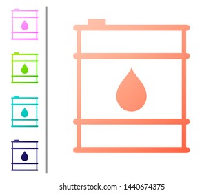 Coral Oil barrel line icon isolated on white background. Oil drum container. For infographics, fuel, industry, power, ecology. Set color icons. Vector Illustration