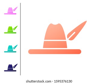 Coral Oktoberfest hat icon isolated on white background. Hunter hat with feather. German hat. Set color icons. Vector Illustration