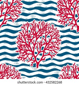 Coral on the wave background. Seamless pattern. Vector