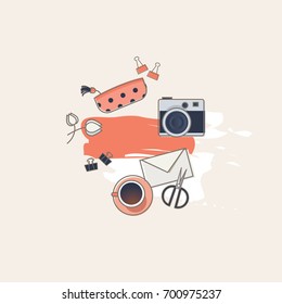 Coral orange feminine line art illustration in flat lay composition with women purse, camera, white tulip flowers, coffee, letter envelope, scissors, paint splashes and paper clips