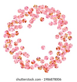 Coral paillettes confetti placer vector illustration. Rhythmic gymnastics dress sequins background. Delicate twinkling tinsel particles party decoration. Theater costume paillettes.