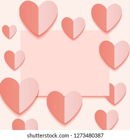 Coral paper sheets with peach hearts. Elegant greeting card  template for Valentine' s day, birthday, Mother's day.