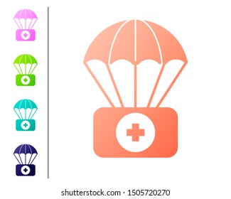 Coral Parachute with first aid kit icon isolated on white background. Medical insurance. Set color icons. Vector Illustration