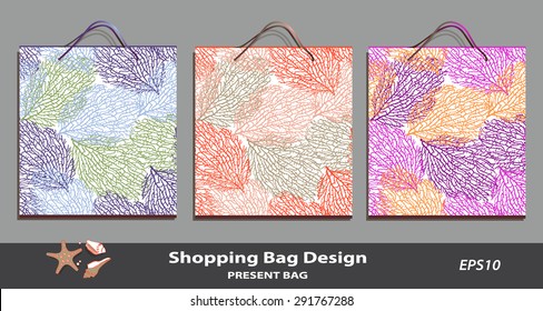 Coral pattern Gift Bag set design. Identity design template. Good for present package decoration, sales, retail, souvenirs. Coral pattern is complete masked. Sea shell icon. Layered editable vector 