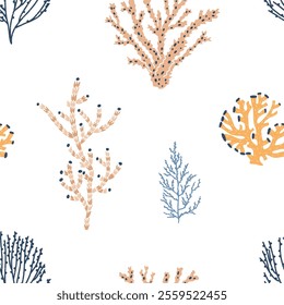 Coral pattern, seamless texture design. Marine background with seaweed, sea reef branches, underwater sea plants. Natural ocena print for wrapping, wallpaper, fabric. Flat vector illustration