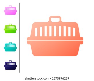 Coral Pet carry case icon isolated on white background. Carrier for animals, dog and cat. Container for animals. Animal transport box. Set color icons. Vector Illustration