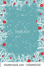 Coral, Pine leaf and Christmas ball decoration on green mint background for decoration on Christmas holiday events.