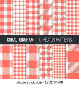 Coral Pink Pixel Gingham and Buffalo Check Plaid Vector Patterns. Living Coral - 2019 Color of the Year. Flannel Checks of Different Styles. Pattern Tile Swatches included.