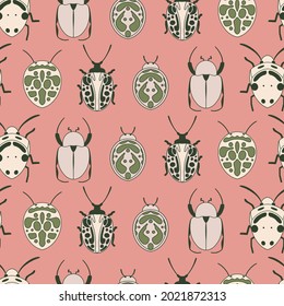 Coral pink retro bugs, beetle insects seamless pattern background print. Vector illustration. Great for kids, clothing and home decor projects. Surface pattern design.