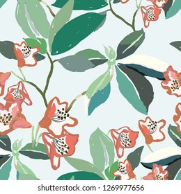 Coral pink rhododendron flowers and green leaves print. Floral illustration. Vector seamless pattern. Botanical azalea design. Nature spring plants. Romantic garden background